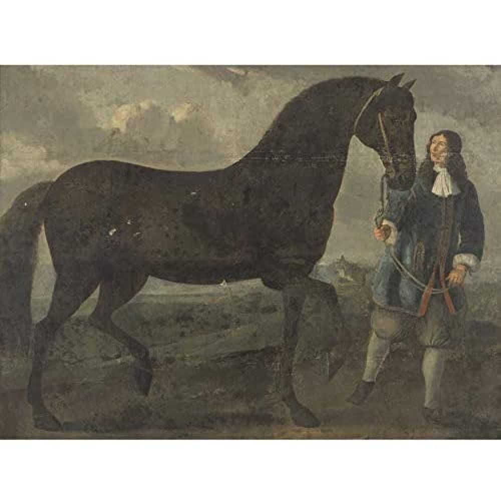 Artery8 Black Horse With Groom Painting Art Print Canvas Premium Wall Decor Poster Mural
