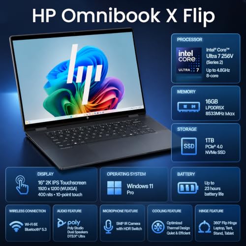 Image of HP OmniBook X Flip 16 inch 2-in-1 Touchscreen Laptop, Intel Core Ultra 7 256V
