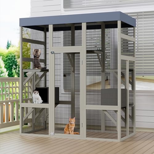 70” Catio Outdoor Cat Enclosure, Large Wood Cats House, Catio Window Cat Enclosure, Jumping Platform & 2 Napping Resting Box
