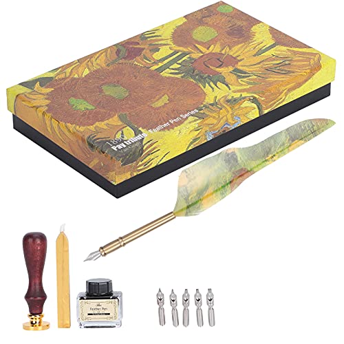 Kit de caligrafía Pen Dip Art, juego de regalo de pluma vintage con herramienta de sello de laca, 5 puntas reemplazables para escribir bocetos, elegante caja decorativa para (Girasol)