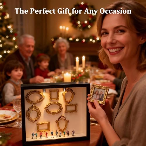DIY Mini Museum Silhouette Box Foto Erinnerungsanzeige Set mit 8 Mini Goldene Rahmen 10 Mini Menschen Figuren Museum Kreatives Bilderrahmen zum Befüllen mit LED Licht für Jahrestag Hochzeit Dekoration