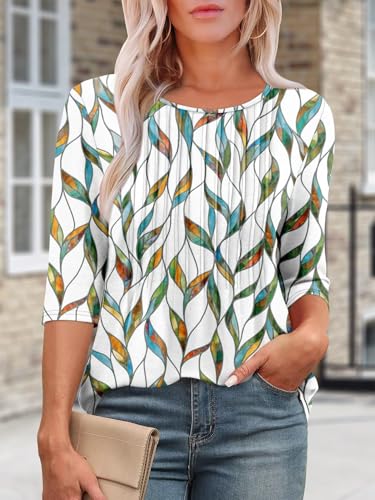 KISSMODA Tunic Tops for Women Loose Fit Dressy Round Neck Pleated 3/4 Length Sleeve Spring Tops