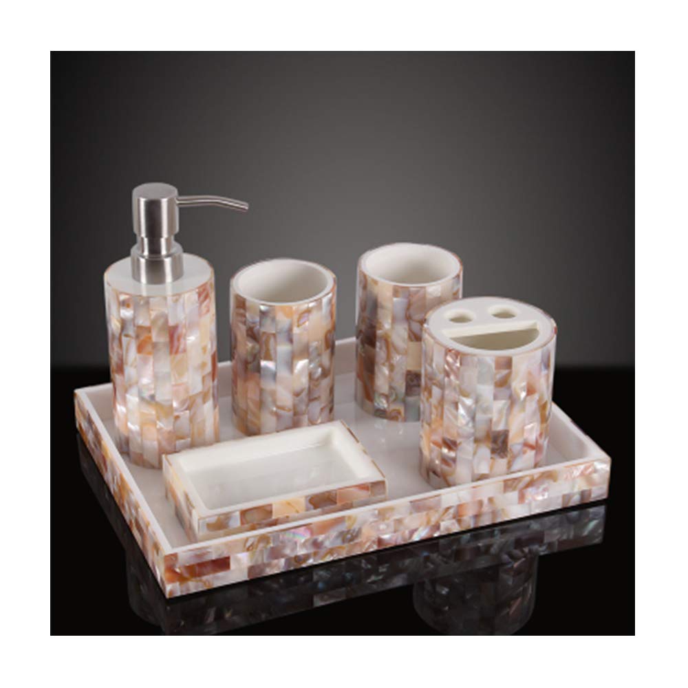Estilo Moderno Juego de Accesorios de Baño de Resina Conjunto de Baño con Porta Cepillo de Dientes, 2 Tazas, Dispensador de Jabón Líquido, Jabonera, Apariencia de laCáscara,B with Tray