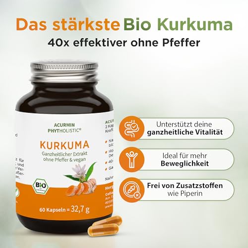 Stärkste Bio Kurkuma Kapseln - 40x effektiver - 15.000mg Kurkuma Pulver/Tag - ohne Pfeffer - höchster Curcumin Gehalt - Curcuma Kapseln hochdosiert, vegan & hochbekömmlich - Acurmin Phytholistic