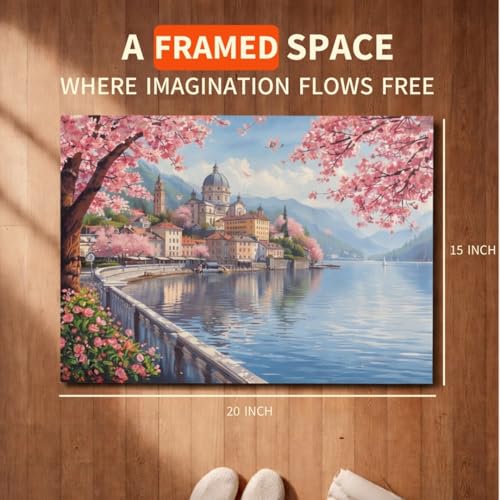 Image of Art Therapy Pcn21 Linen Canvas DIY Paint by Numbers Kit 15 x 20 Inch for Adults and Kids with 2 Set of Acrylic Oil Painting Color Set with Brushes for Stress Relief & Home Decoration (Springtime by The Lake)