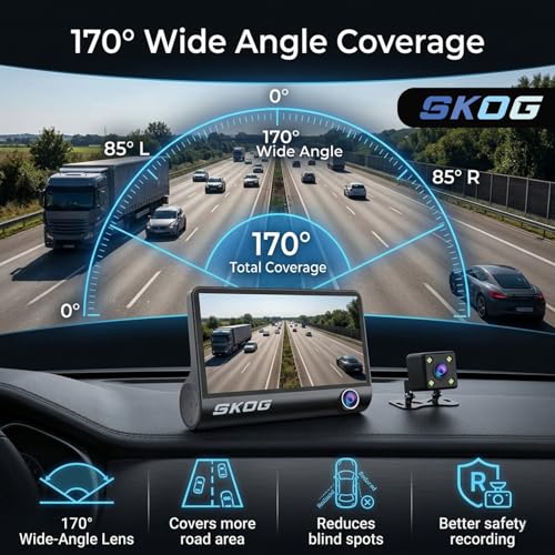 Image of SKOG 3 Channel Dash Cam for Car with Rear Camera, Full HD 1080P Front, Back & Cabin Recording, Night Vision, Wide Angle, Loop Recording, G-Sensor, Parking Mode, 4-Inch IPS Display