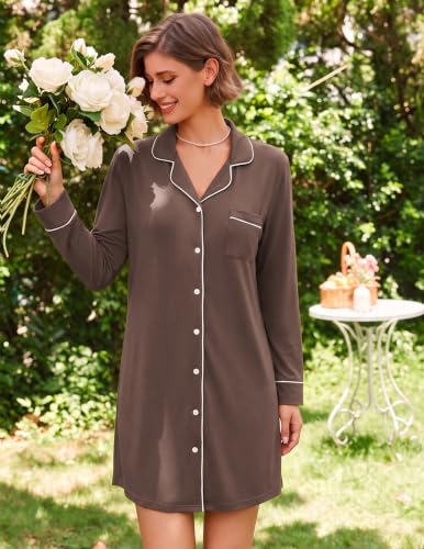 Image of Ekouaer Nightgowns for Women Long Sleeve Night Gown Button Pajama Dress