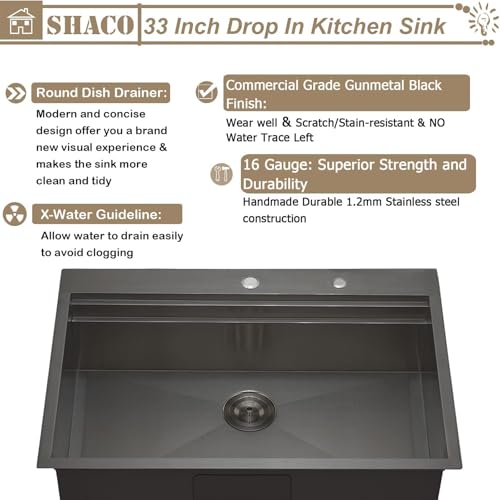 Image of SHACO 33x22 Black Drop In Kitchen Sink, 33 Inch Topmount Gunmetal Black Stainless Steel Single Bowl Overmount Double Ledges Workstation Sink with Accessories