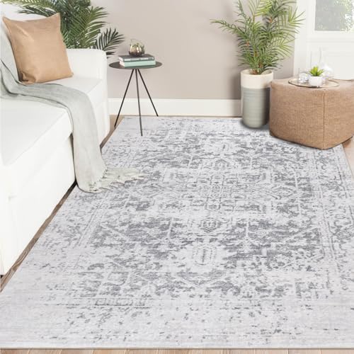 Famibay Washable Living Room Rugs Large 160x230cm Vintage Area Rug for Living Room Soft Low Pile Non Slip Grey Floor Carpet for Bedroom Home Office