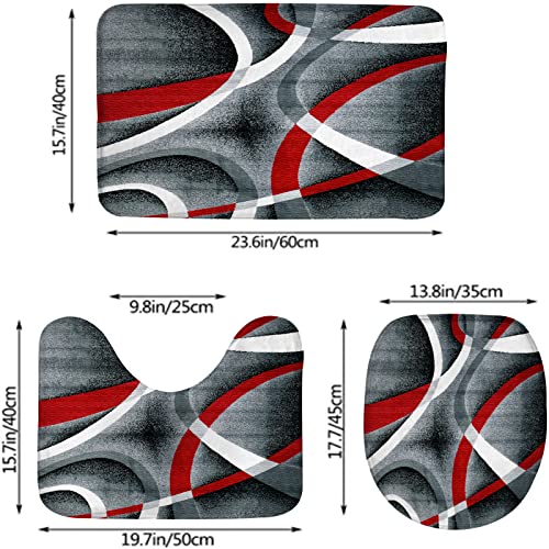 Badezimmerteppich-Set, 3-teilig, grau, schwarz, rot, weiße Wirbel, waschbare Badeteppiche, rutschfest, mit Rückenpolster, Konturteppich und Toilettendeckelbezug – Bild 3