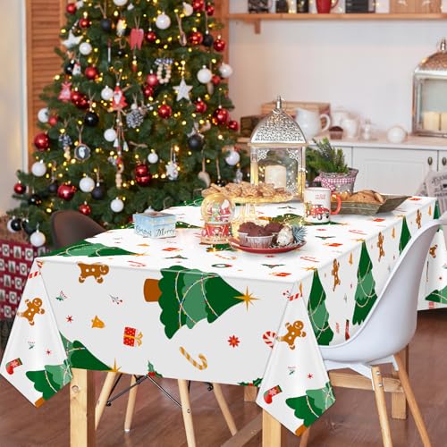 Image of Hxezoc Disposable Plastic Christmas Tree Tablecloth, 54 x 108 Inches Christmas Party Table Cover for Xmas Winter Holiday New Year Home Dinner Decorations
