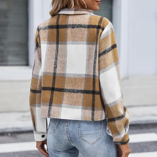 Shackets for Women 2025 Cropped Flannel Bomber Jacket Dressy Casual Fall Jackets Plaid Button Down Coats with Pockets4