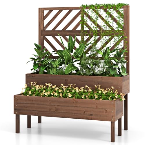 MAT EXPERT Raised Garden Bed with Trellis, 2-Tier Wood Planter Box with Drainage Outlet & Legs, Lattice Panels, Vertical Planter for Patio, Elevated Garden Planter for Fruit, Flower, Herb & Vegetable