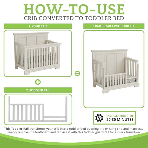 Image of Toddler Bed Safety Guard Rail for Oxford Baby, Soho, Ozlo & Avalon Baby Convertible Cribs - Solid Wood Rail for Toddler Bed Conversion - Safety Rails for Children (Vintage White, Option 1)