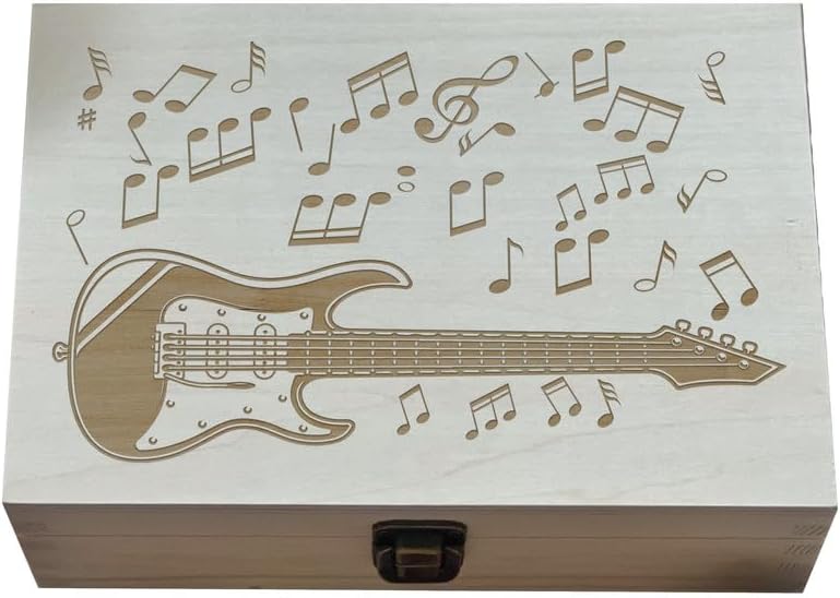 Electric Guitar with Musical Notes Illustration - Artisan-Crafted Wooden Container Featuring Electric Guitar & Notes - Unique Present for Music Enthusiasts, Elegant Engraved Musical Theme
