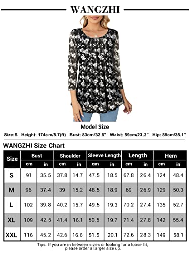 Wangzhi 3/4 Sleeve Tops For Women Round Neck Flowy Shirts Womens Business Casual Blouses Dressy Swing Tunic Tops Trendy Elegant Floral Maternity Clothes Summer Spring Fashion 2023 Black/White X-Large #TOP5