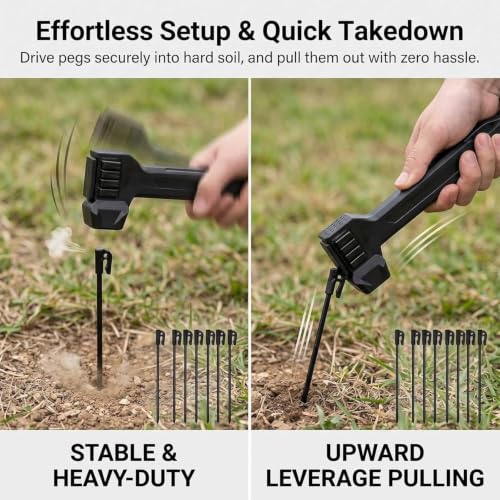 Image of Camping Hammer with 8 Pegs, Heavy-Duty Camping Mallet for Tent Stakes with Peg Puller, Bottle Opener, Storage Handle & Textured Striking Head for Hiking Backpacking (Khaki+Purple)