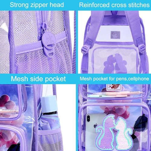 Image of AGSDON 3PCS Clear Backpack for Girls, Kids Cat Transparent Backpack with Heavy Duty PVC, See Through Backpacks with Lunch Bag-Purple