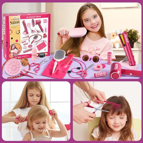 G.C Girls Hair Salon Toys Kids Pretend Play Hair Styling Kit with Realistic Blow Dryer Straightener Stylist Apron Scissors Accessories Beauty Makeup Set Birthday Gifts for Toddler Girls 3 4 5 6+ by G.C - Used condition - Image 7