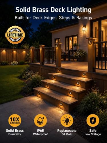 Image of Gardenreet Black Solid Brass Deck Light, 12V, 2700K Warm White G4, 4 Pack | Solid Brass, Antique Bronze Finish, IP65 Waterproof, Hardwired 9V-17V Design, Replaceable G4 LED Bulb