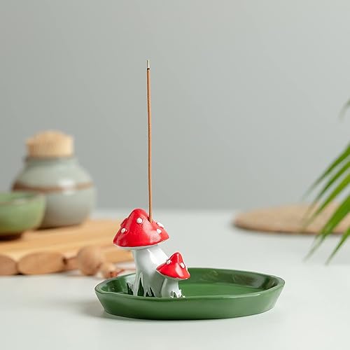 Miniatura 6 de CHUNCHE Lindo soporte de incienso de hongos con 30 varillas de incienso, quemador de resina hecho a mano, bandeja de incienso con temática natural,