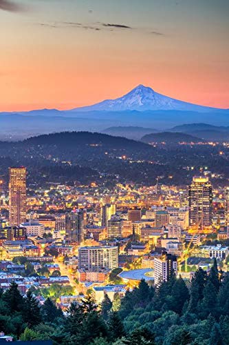 Lantern Press Portland, Oregon, Downtown at Night with Mt. Hood (12x18 Wall Art Poster, Digital Print Decoration)