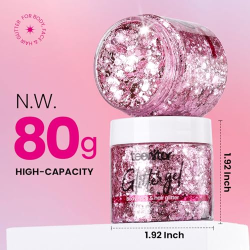 image for Teenitor Pink Body Glitter, Chunky Face Glitter, Hair Glitter Gel, 80g