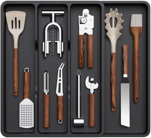 Lifewit Besteckkasten für Schubladen, Breite verstellbar bis 43,9cm | Schmale Schubladen Organizer Küche Tiefe 40 cm, Kunststoff Utensilienständer für Spatel/Messer/Löffel, Schwarz