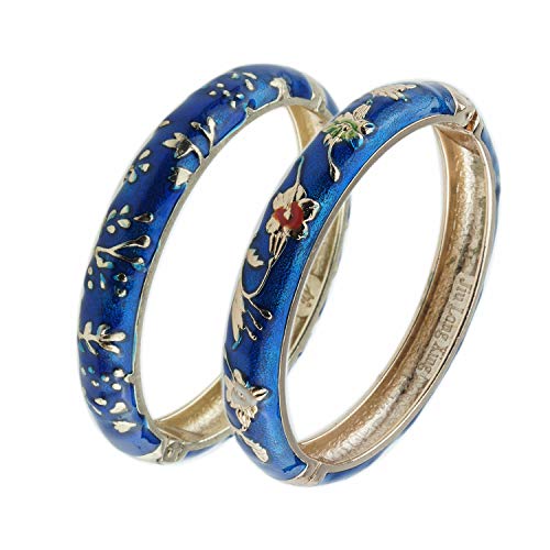 UJOY Vintage Bangles Bracelets Cloisonne Enameled Flower Spring Hinge Clasp Indian Style Jewelry Set for Women Girls 55A81 Blue