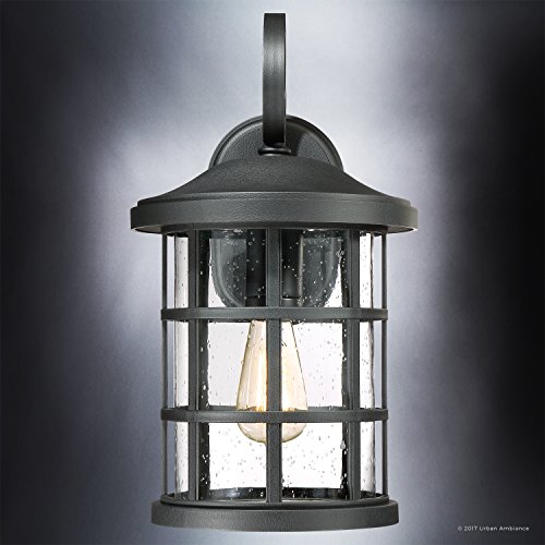 Image of Luxury Craftsman Outdoor Wall Light, Medium Size: 17.75 inch H x 10 inch W, with Tudor Style Elements, Wrought Iron Design, Natural Black Finish and Seeded Glass, UQL1044