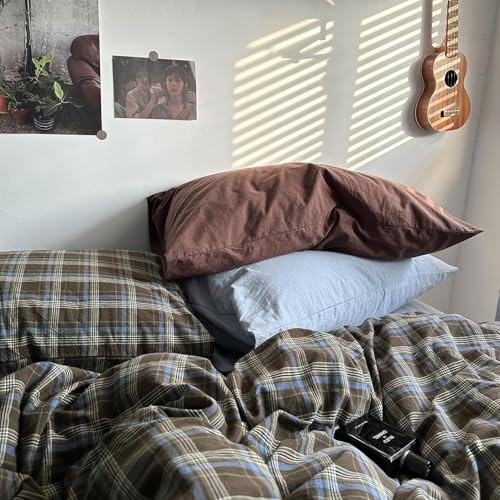 Image of Plaid Duvet Cover Set Queen Size 3 Piece Blue Brown Buffalo Plaid Comforter Cover Vintage Grid Checkered Pattern Soft Breathable Microfiber Bedding Set with Zipper Closure and 2 Pillowcases