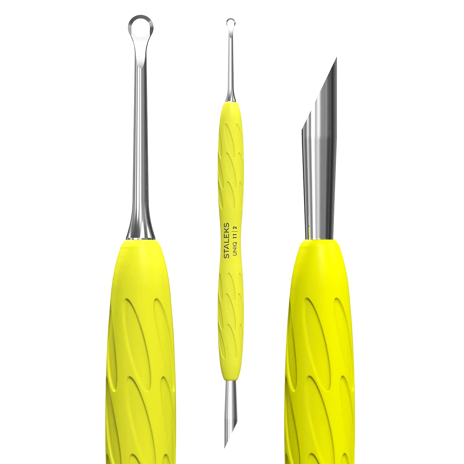 Staleks UNIQ PQ-11/2Y Spinta cuticole doppio professionale manico in silicone giallo – strumento manicure pedicure acciaio inossidabile sterilizzabile (anello + spinta obliqua)