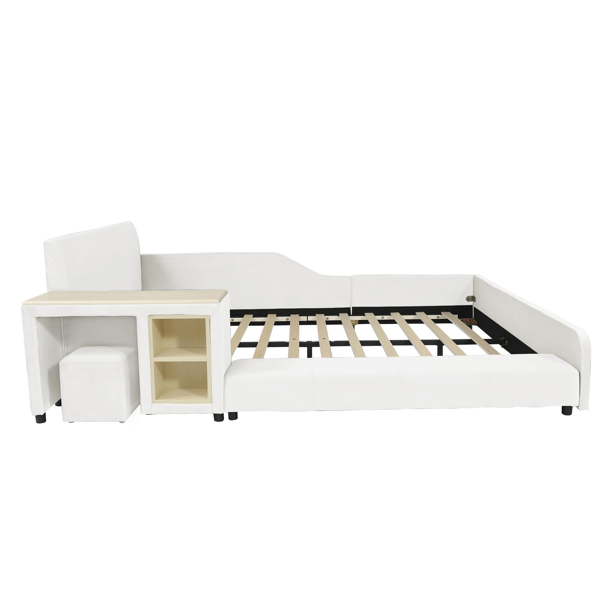 Letto imbottito 140 x 200 cm con scrivania per bambini e sgabello, con ripiano, testiera morbida, culla con doghe in legno, velluto, bianco