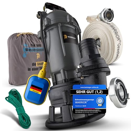 WARRIOR® Schlammpumpe [TESTSIEGER] mit HydroVortex X7 Schneidwerk, Fäkalienpumpe 1500W + 20M - 2'Gewebeschlauch, inkl. Tragetasche, Schmutzwasserpumpe mit Schlauch und Häcksler