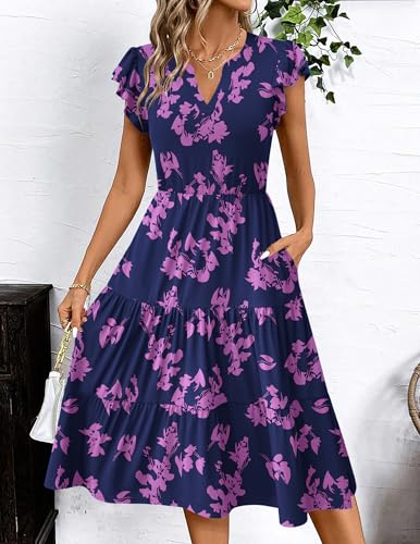Zeagoo Womens Summer Casual Dresses Ruffle Sleeve V Neck Midi Dress Flowy Tiered Dress with Pockets Boho Sundresses3