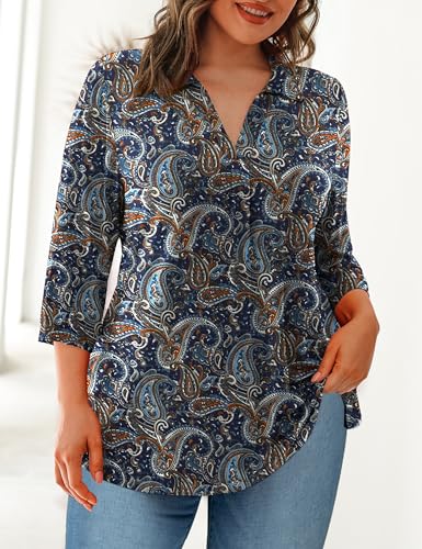 REDHOTYPE Womens Plus size Tops 3/4 Sleeve Shirts Collared V Neck Blouses Casual Work Tunic Tops4