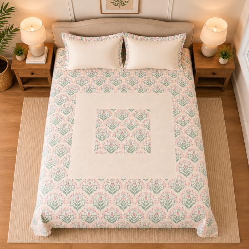 Image of Linen Home Cotton Percale Flat Bedsheet Set King Size Sequence Pink
