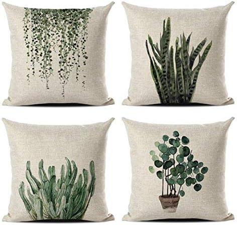 MENGT Set of 4 Green Plant Throw Pillow Covers Decorative Cotton Line Outdoor Cushion Cover Sofa Home Pillow Covers 18x18