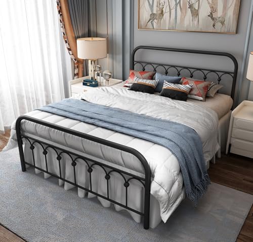 YALAXON Vintage Sturdy Full Size Metal Bed Frame Basic with Headboard and Footboard,No Box Spring Needed,Under Bed Storage (Full,Black)