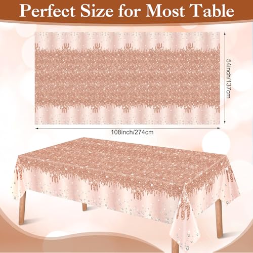 Image of Ganeen 3 Pcs Rose Gold Tablecloths Glitter Diamond Disposable Plastic Table Cover Sequin Printed Rectangle Tablecloths for Girl Women Birthday Wedding Party Decor Supplies, 54 x 108 Inch