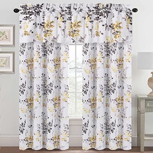 H.versailtex Blackout Grommet Curtains (2 Panels, 52" W X 84" L) Bundle Rod Pocket Valance Curtains (1 Panel, 52" W X 18" L)-Floral Pattern In Grey And Yellow #TOP27
