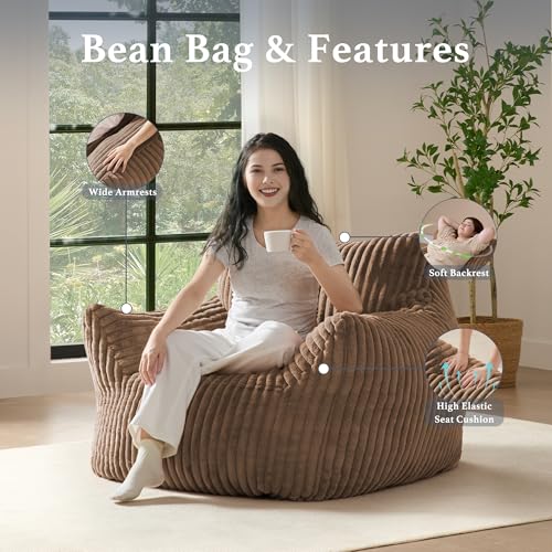 Giant Plush Bean Bag Chair for Adults with Armrests - Oversized Comfy Khaki Beanbag Lounge Lazy Floor Sofa Chair for Living Room, Bedroom & Dorm, Cozy Fluffy Single Cloud Mini Couch