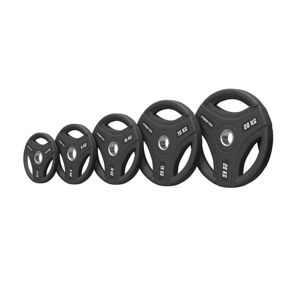 Set de Discos Olímpicos Triple Agarre Premium 105 kg, Goma Virgen, 50 mm