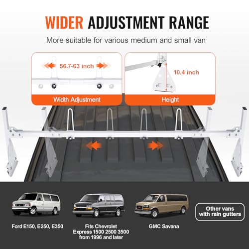 VEVOR Van Roof Ladder Racks, 59" Adjustable Van Racks, 800 lbs Capacity Heavy-Duty Steel Roof Racks for Van, Drilling Rack for Chevrolet Express 1500 2500 3500/ Ford E150 E250 E350/ GMC Savana, 3 Bars by VEVOR - Image 3