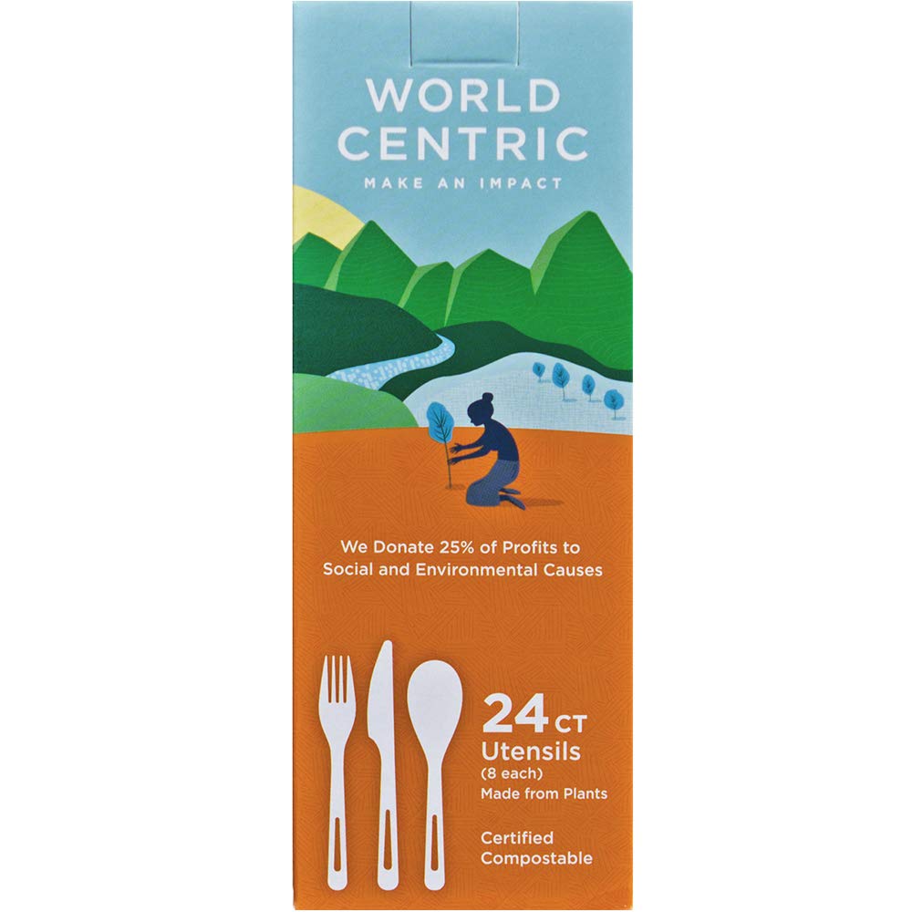 World CentricAS-PS-R Compostable TPLA Assorted Cutlery with Fork, Knife, Spoon (12 Packs of 24, 288 Total)