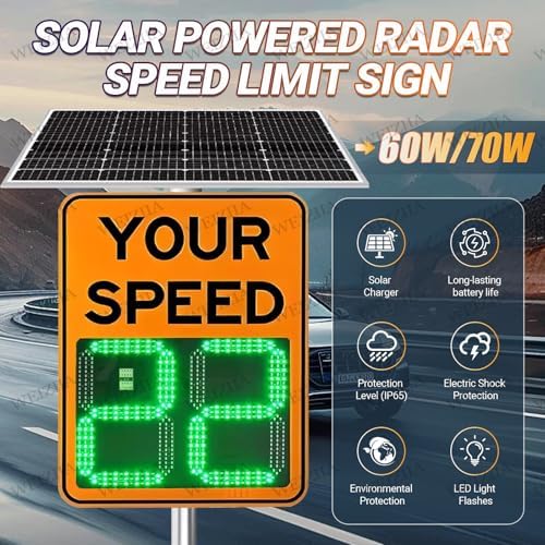 Solar Radar Speed Display Sign - Traffic Speed Radar with Adjustable Speed Limit, Remote Control LED Warning Sign, Yellow 60x90cm - Enhance Road Safety