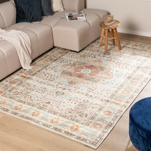 FRAAI | Home & Living In- & Outdoor Teppich Vintage - Kairo Medaillon Creme Bunt - Wetterfest - Polyester - Flachgewebe - Wohnzimmer, Esszimmer, Balkon, Garten/Terrasse - Terrasse - Rug
