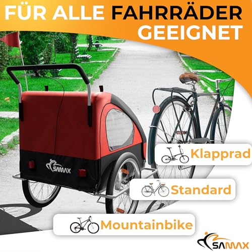 SAMAX Fahrradanhänger Jogger 2in1 Kinderanhänger Kinderfahrradanhänger Transportwagen vollgefederte Hinterachse für 2 Kinder in Rot/Schwarz - Silver Frame
