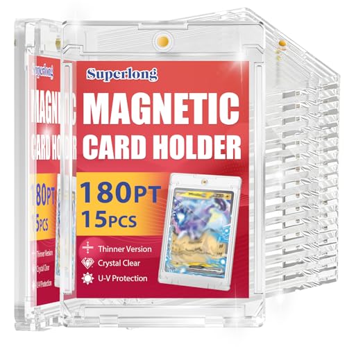Superlong 180PT Magnetic Card Holder 15ct Upgraded One Touch Holders with U-V Protection Hard Plastic Display Case with 2 Magnets Fit for Thicker Sport Game Trading Baseball Cards Collect Storage