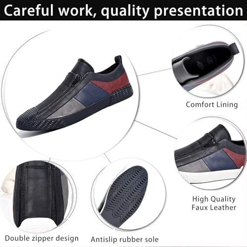 Men's Leather Colorblock Slip-On Sneakers Comfortable Anti-Slip Dual Zipper Low-Top Loafers for Daily Wear Travel & Errands3